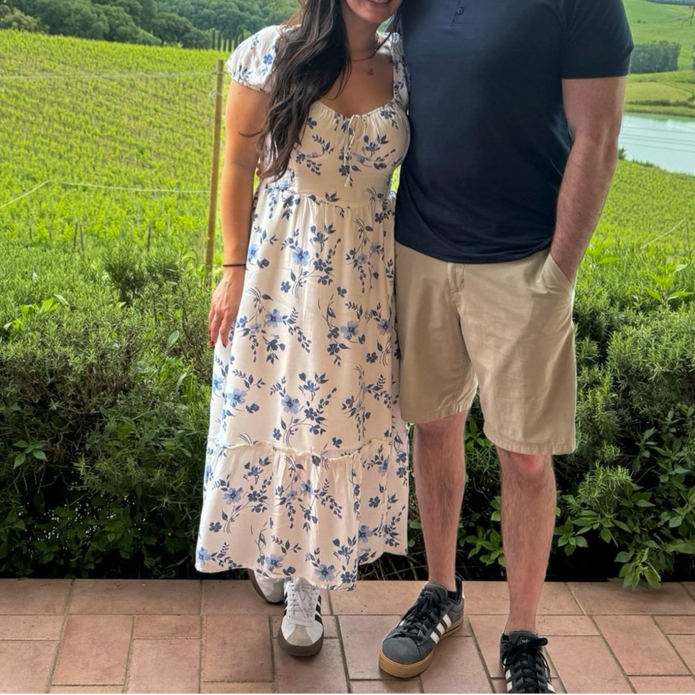 Blue and White Floral Milkmaid Dress